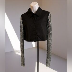 ✨ Hot & Delicious Black Cropped Button-Up Shirt w/ Silver Mesh Chain Sleeves NWT
